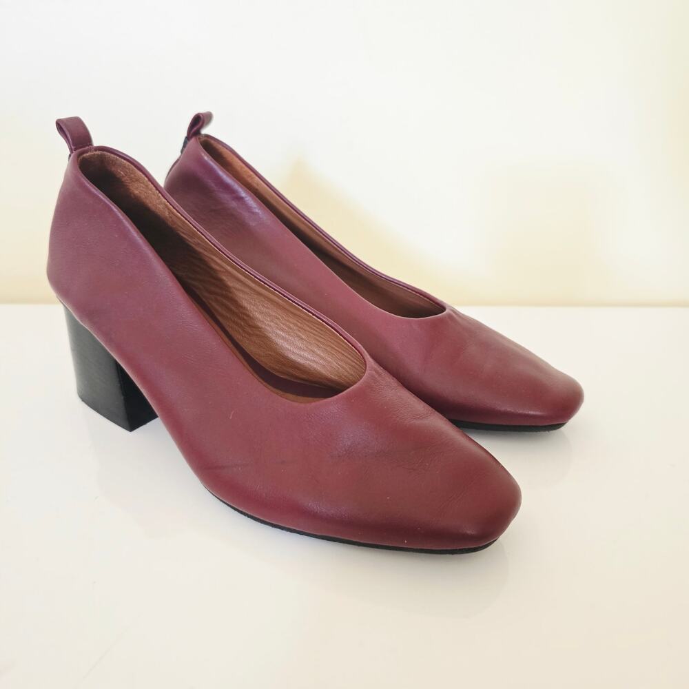 Cuero & Mor Burgundy Leather Block Heels Square Toes Wome's Size EU 36.5 6